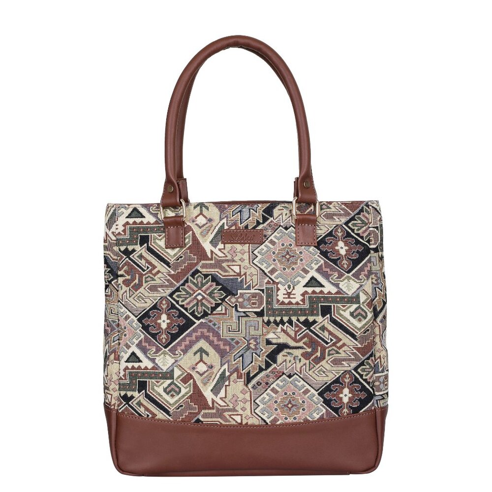 Geometric Pattern Tapestry Fabric & Leather Ladies' Top Handle Tote Bag, Purse